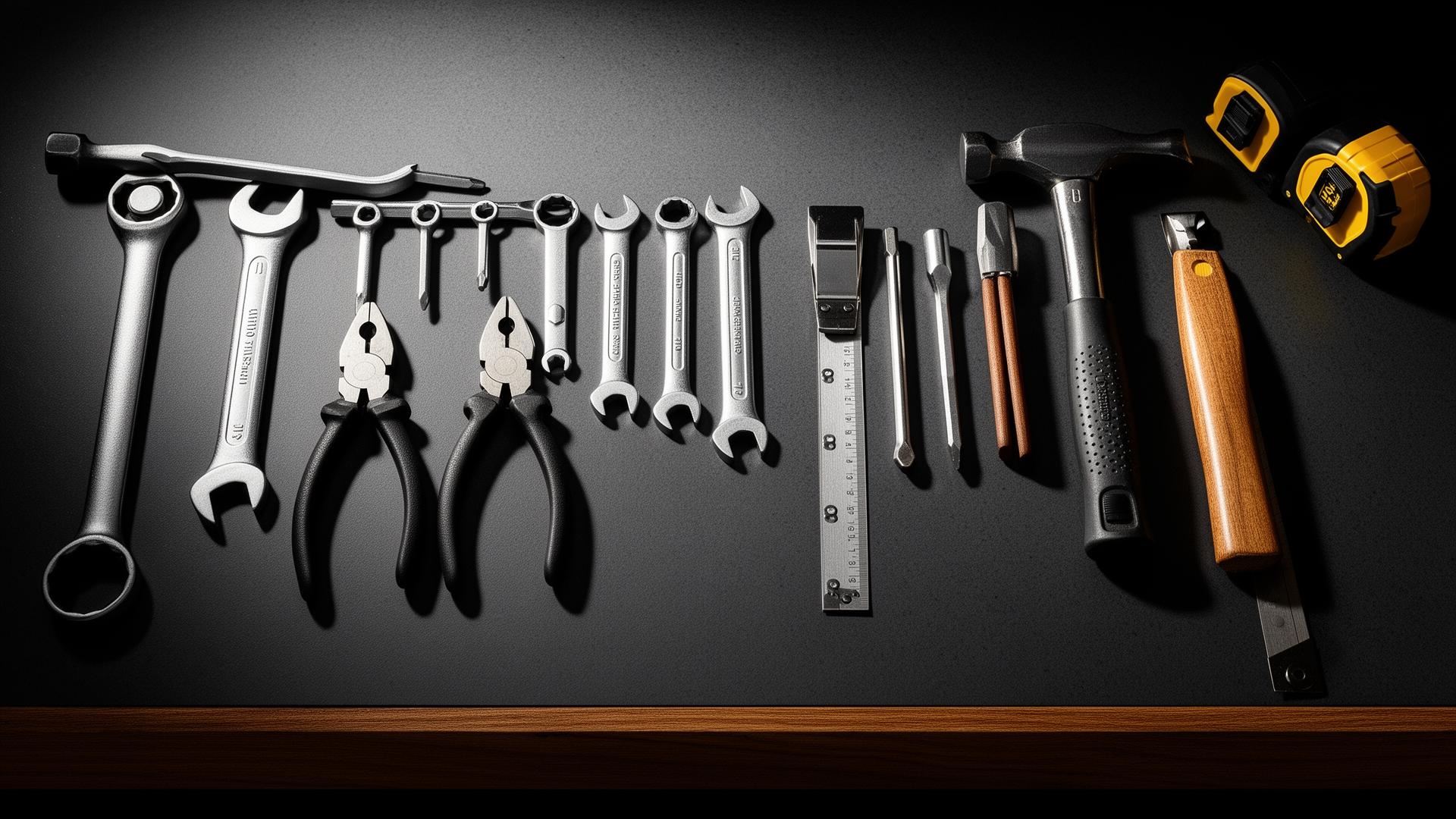 Premium hand tools — wrenches, screwdrivers, pliers, hammer and measuring tape arranged on a dark workbench
