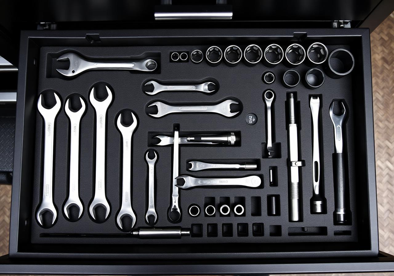 Premium organized tool drawer with foam insert holding wrenches and sockets